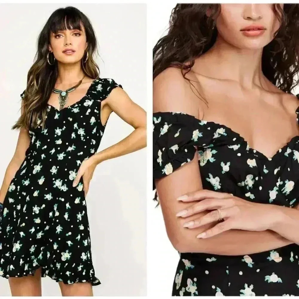NWT Free People Like a Lady Black Floral Mini Dress Sweetheart Off Shoulder XS